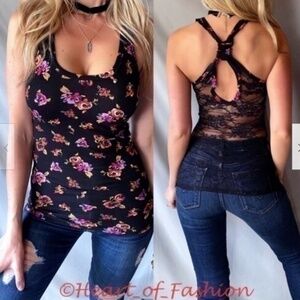 Floral Print Sheer Lace Back Racerback Tank Top
